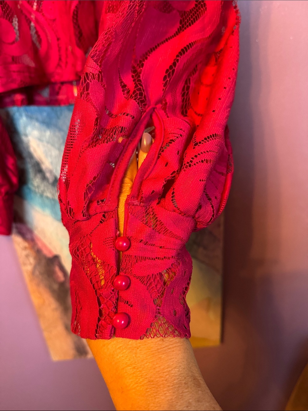 Ashley Stewart Fushia  Sheer Patterned Long-Sleeve Top - Picture 3 of 8